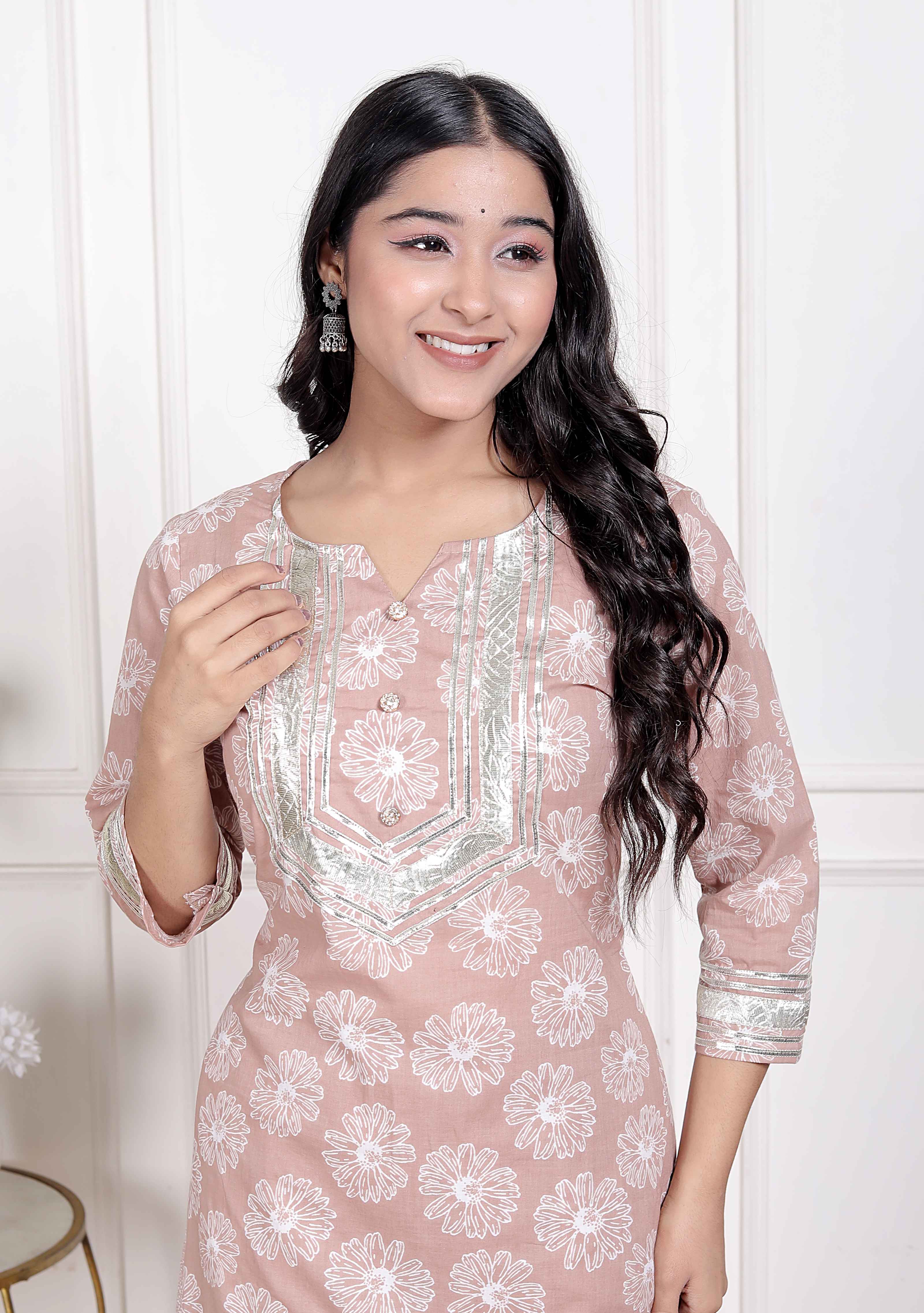 Brown Floral Printed Straight Ethnic Kurta with Palazzo